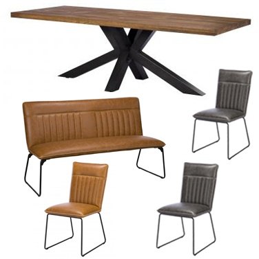 Soho 200cm Holburn Table with 1 Tan Bench, 2 Grey Cooper Chairs & 1 Tan Cooper chair