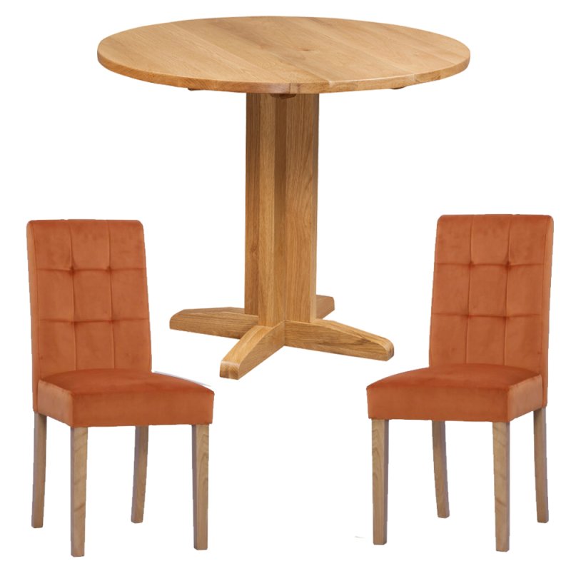 Bristol Oak Drop Leaf table with 2 Ashbury Sunset Velvet Chairs